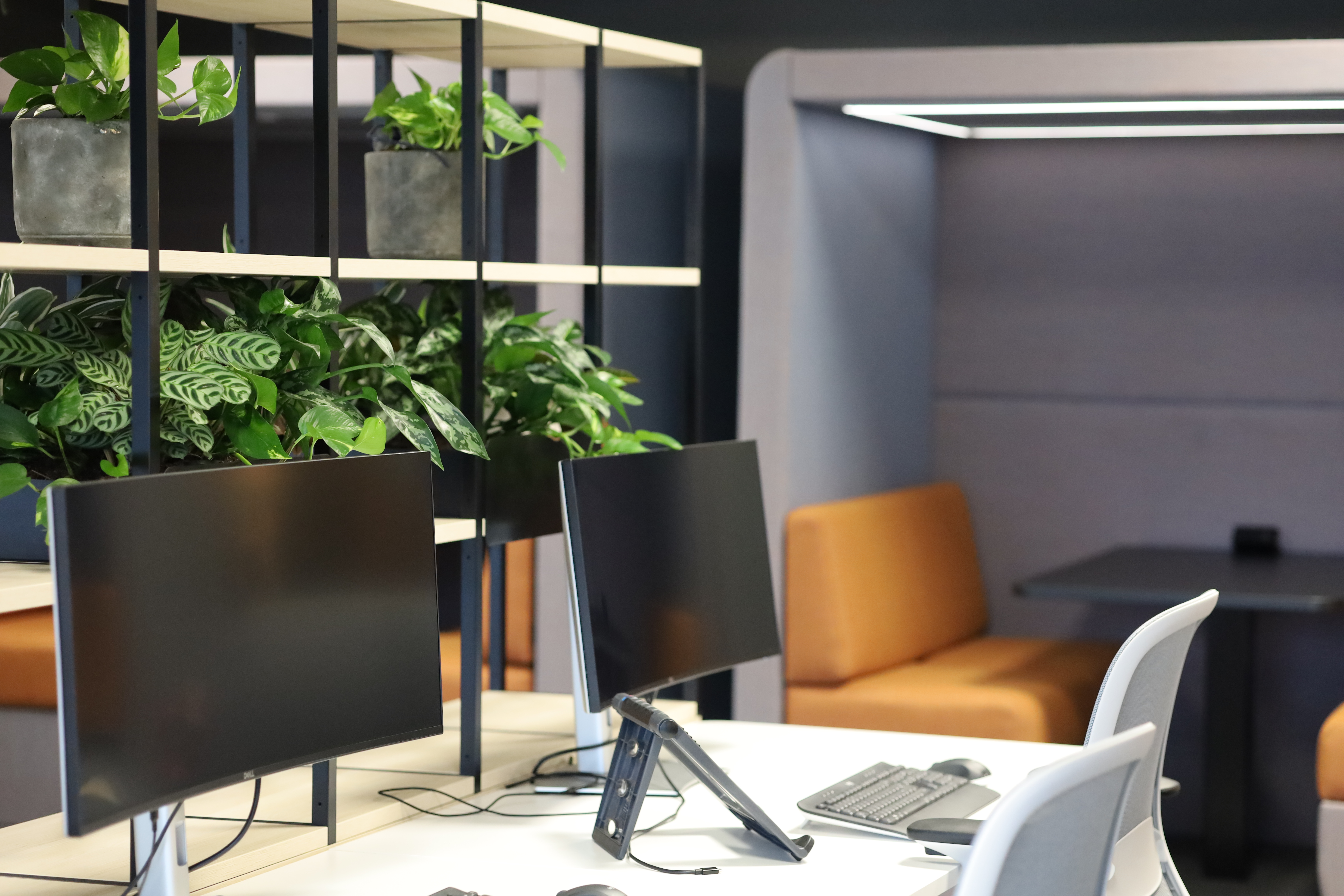 Contemporary office workspace with desks, computer screens and collaborative meeting space, representing workplace policies and employee communications.