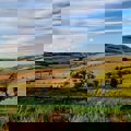 Wide view of rolling countryside with patchwork fields, hedgerows and gently sloping farmland.