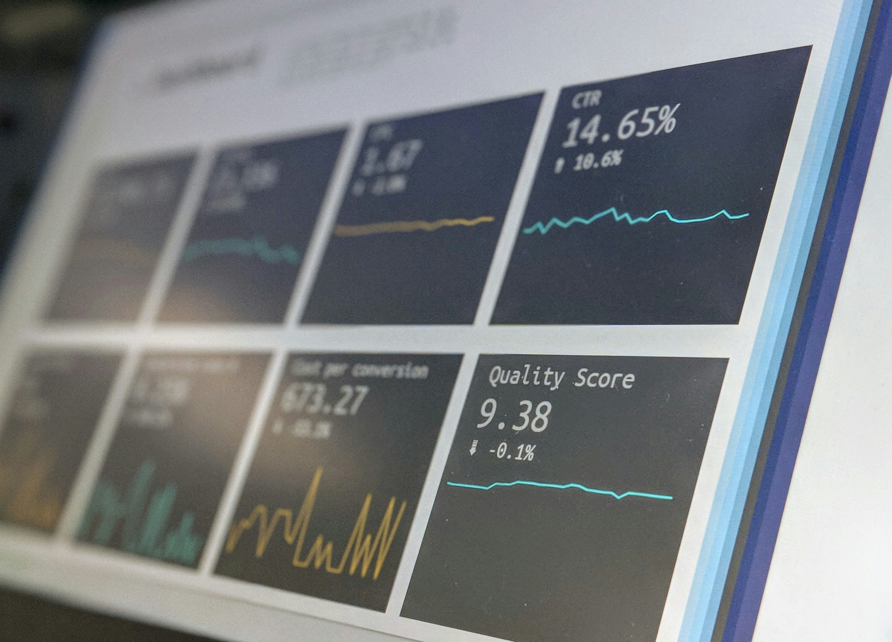 Data analytics dashboard displaying performance metrics, graphs and trend data on a digital screen.