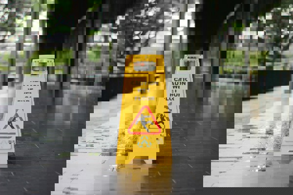 Warning sign indicating a wet floor in a public indoor walkway.